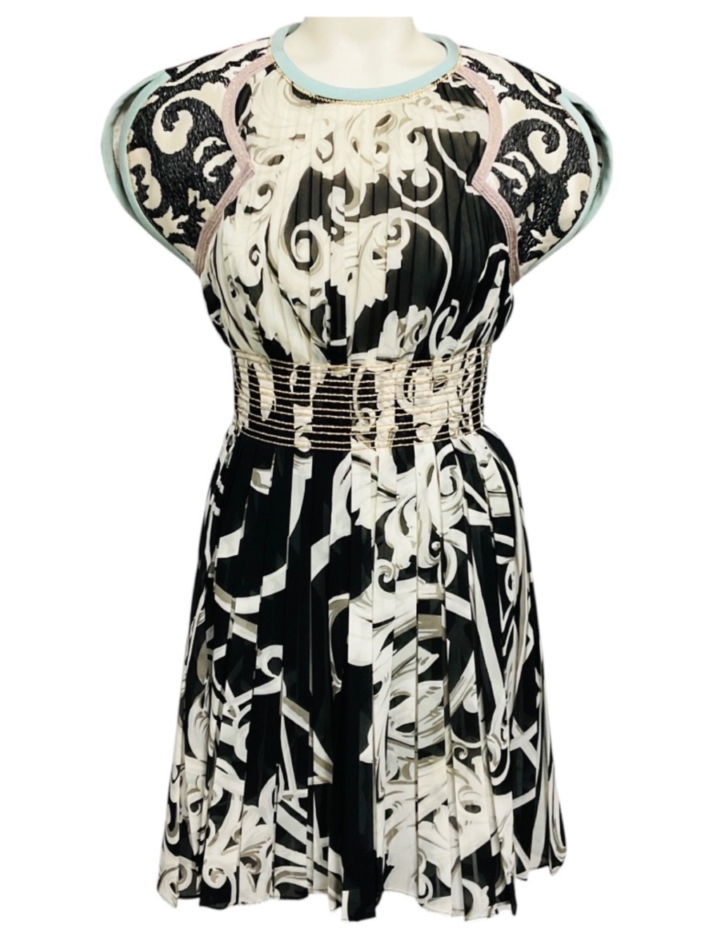 AQUILANO RIMONDI BLACK / WHITE / LIGHT BLUE / PURPLE PRINTED CHIFFON MINI COCKTA